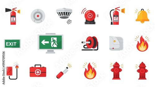 Collection of flat icons for fire safety and emergency equipment.
