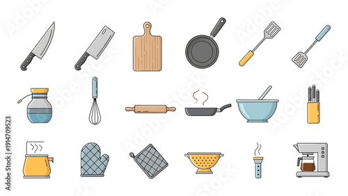 Collection of kitchen utensils and cooking equipment.