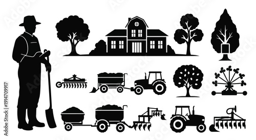 Black silhouette illustration of a farm scene with a farmer and equipment