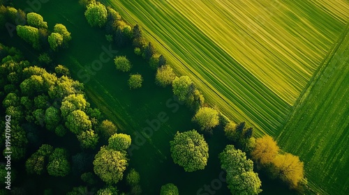 Aerial view of lush green fields in northern poland spring landscape