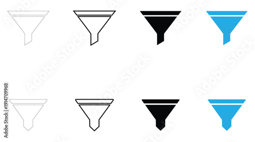 funnel icon vector, funnel filter symbol vector, silhouette and line art illustration