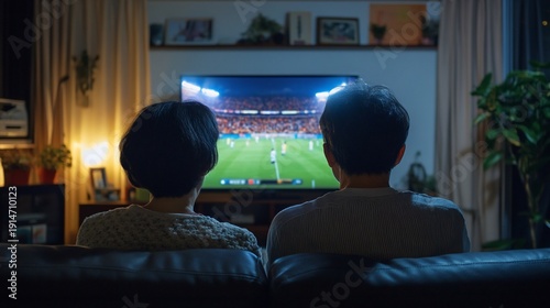 Couple watching soccer game on TV at home, night