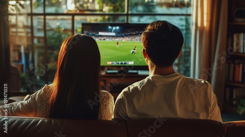 Couple watching soccer game on TV at home, sunset