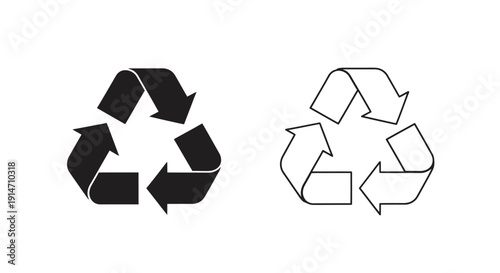 Two recycling symbols a solid black version and a line drawing