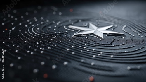 Close-Up View of Metallic Star Symbol in Droplets on Textured Black Surface with Circular Patterns and Reflections