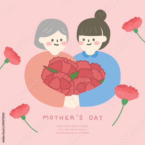 Mother's day template with mother, daughter and carnation illustration.