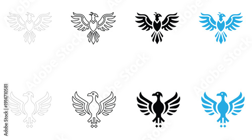 phoenix bird icon vector set, small bird phoenix icon symbol vector, silhouette and line art illustration