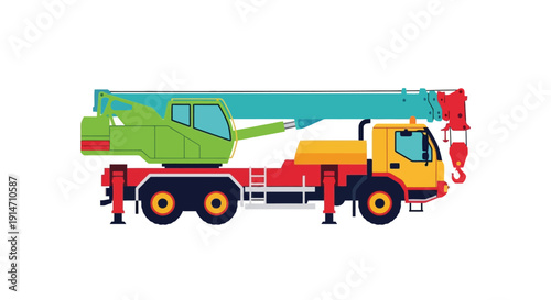 Colorful cartoon illustration of a mobile crane vehicle on wheels