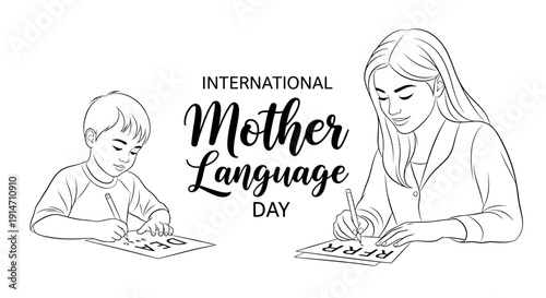 A woman and a child writing on paper with the text 'International Mother Language Day' in a line art style illustration promoting linguistic diversity and preservation of mother tongue.
