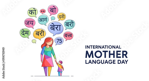 A woman and child celebrate International Mother Language Day with speech bubbles in various languages.