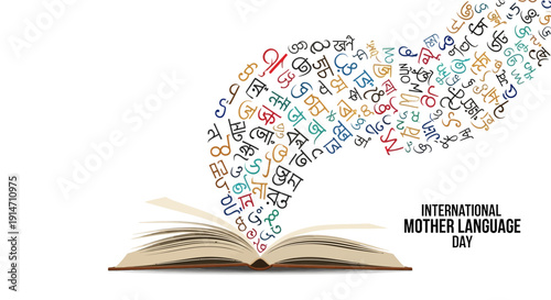 An open book with letters and words flowing out, celebrating International Mother Language Day and linguistic diversity