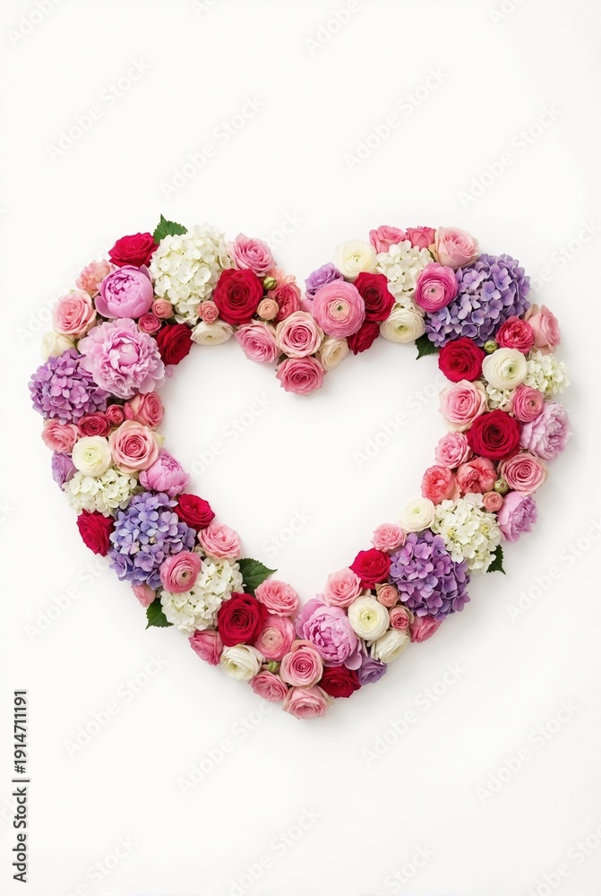 Obraz premium Vertical floral heart wreath with purple hydrangeas and pink ranunculus. Romantic background with copy space