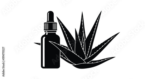 Aloe vera plant and dropper bottle illustration in black and white