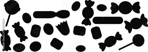 Black silhouettes of assorted candies in varied shapes, including lollipops and wrapped sweets, minimal vector icons for confectionery design, dessert illustration concept for stock photography