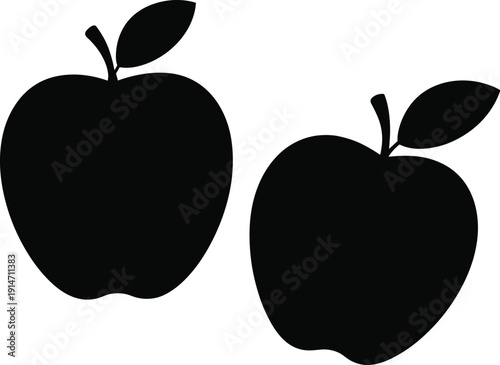 Black silhouette illustration of two apples with stems and leaves, isolated vector icons symbolizing healthy food, nutrition, fruit design, and educational concepts