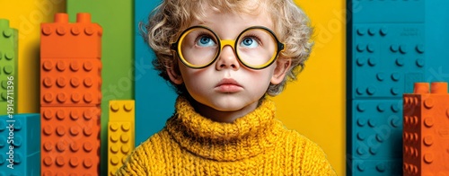 A young boy wearing glasses is surrounded by colorful blocks, thinking, children, education