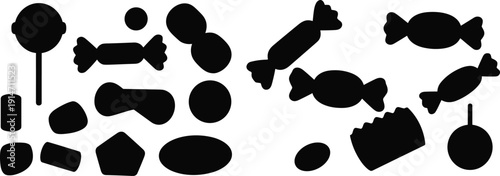Black silhouettes of assorted candies, including wrapped sweets and lollipops, minimal vector icons representing confectionery, dessert illustration concept for stock photography buyers