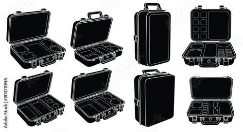 Various black silhouettes of open and closed suitcases and briefcases