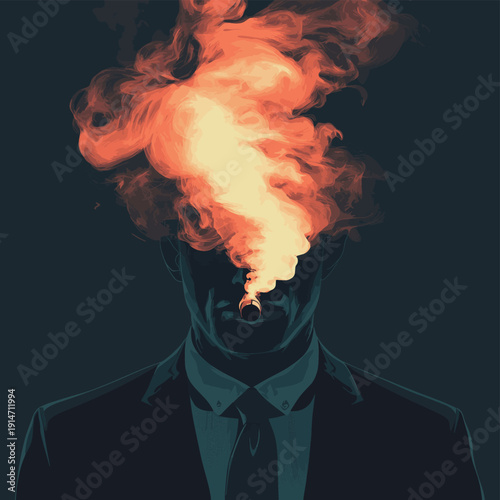 Surreal businessman with smoking head conceptual portrait abstract stress burnout mental health concept on dark moody background , vector style simple color