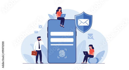 Diverse team managing secure mobile data access on giant smartphone featuring fingerprint scanner and encrypted email message shield.