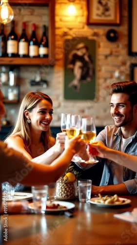 Young couple man and woman and friends drinking in cafe