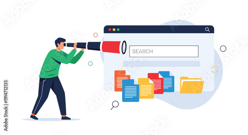 Digital investigator using telescope to search website interface filled with folders represents search engine optimization and data mining.