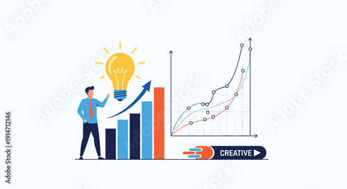 Successful entrepreneur pointing at glowing light bulb next to rising bar chart illustrates business innovation and financial progress.