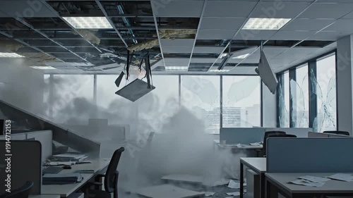 Office Apocalypse: Papers Flying in Collapsed Building after Explosion or Earthquake