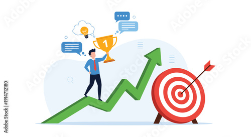Professional man celebrating victory with trophy while walking up green growth arrow towards bullseye target represents goal attainment.