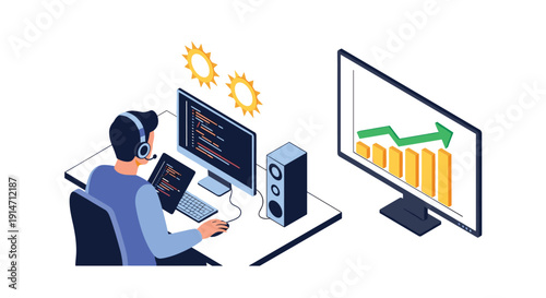 Software developer working on code at dual monitor workstation with upward trending graph showing performance optimization and success.