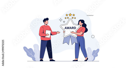 Colleagues presenting star award for excellence symbolizes employee recognition and appreciation within professional corporate environment.