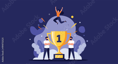 Successful team celebrating first place victory with giant gold trophy and jumping woman represents collective achievement and win.