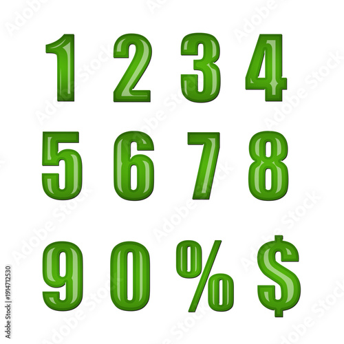 Set of 3d bubble effect number in green color. Realistic balloon typeface. Decorative numbers for Valentines, Mothers day, wedding banner, cover, birthday or anniversary and party