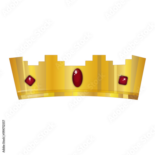 Golden crown with red gemstone vector illustration. Cartoon flat gold royal luxury crown jewel headdress for king, emperor or queen.