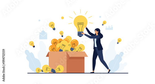 Innovative businesswoman selecting brightest light bulb from box full of ideas illustrates creative thinking and decision making.