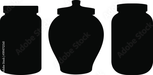 Jar and bottle silhouette vector set isolated on white background, black container collection for packaging design, branding mockup, storage template, and product label presentation