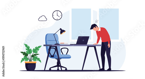 Exhausted office worker leaning over desk with laptop reflects job burnout and high stress levels in professional workplace setting.