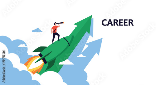 Ambitious man with telescope riding green career rocket ship through clouds represents professional advancement and high aspirations.