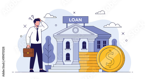 Concerned businessman standing in front of bank building with large loan sign and coins represents debt and financial difficulties.