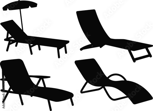 Silhouette illustration of four lounge chairs in different designs, including outdoor umbrella chair, modern curved style, reclined armrest chair, and wave-shaped frame, isolated on white background.