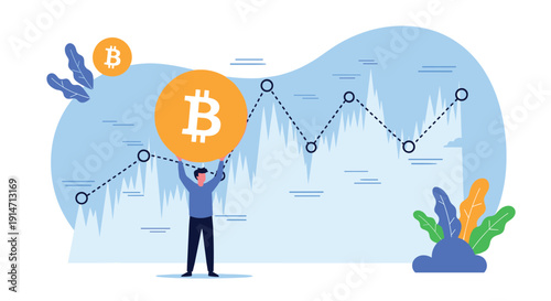 Investor holding large bitcoin coin against background of fluctuating financial line graphs represents cryptocurrency market trading.