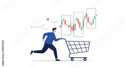 Financial trader running fast with empty shopping cart in front of volatile stock market candlestick charts represents high risk.