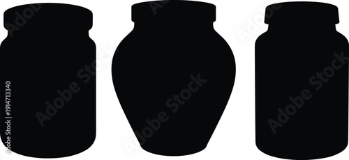 Silhouette illustration of three distinct container shapes including cylindrical jars and rounded vase design, isolated black vector icons for packaging, storage, and industrial design concepts