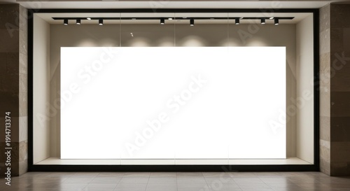 Sleek and well-lit commercial showroom window with a pristine white backdrop, perfect for showcasing new products, visual merchandising, and engaging retail promotions