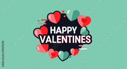 Vibrant graphic design showcasing a circular arrangement of stylized hearts in various colors, framing the 'Happy Valentines' message, perfect for celebrating love and romance