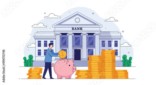 Young man depositing gold coins into a large pink piggy bank outside a classic bank building to illustrate the importance of financial savings.