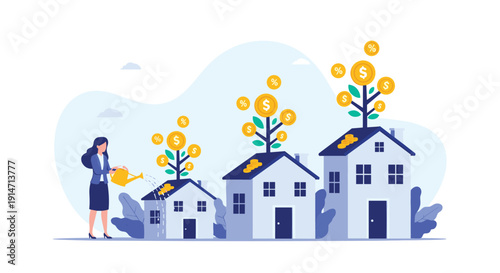 Successful businesswoman watering a row of houses with gold coin trees to represent real estate investment and property growth strategies.