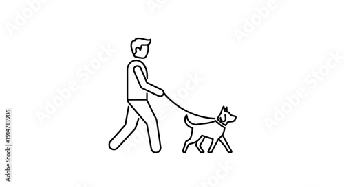 Minimalist line art icon depicting a person walking a dog on a leash, symbolizing pet care, daily exercise, and the bond between human and animal in a clean, vector graphic style