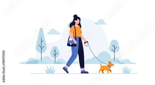 A woman walking her small dog in a park with trees and grass