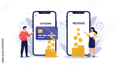 Online mobile banking and payment transfer concept showing people standing next to large smartphones with floating gold investment coins.